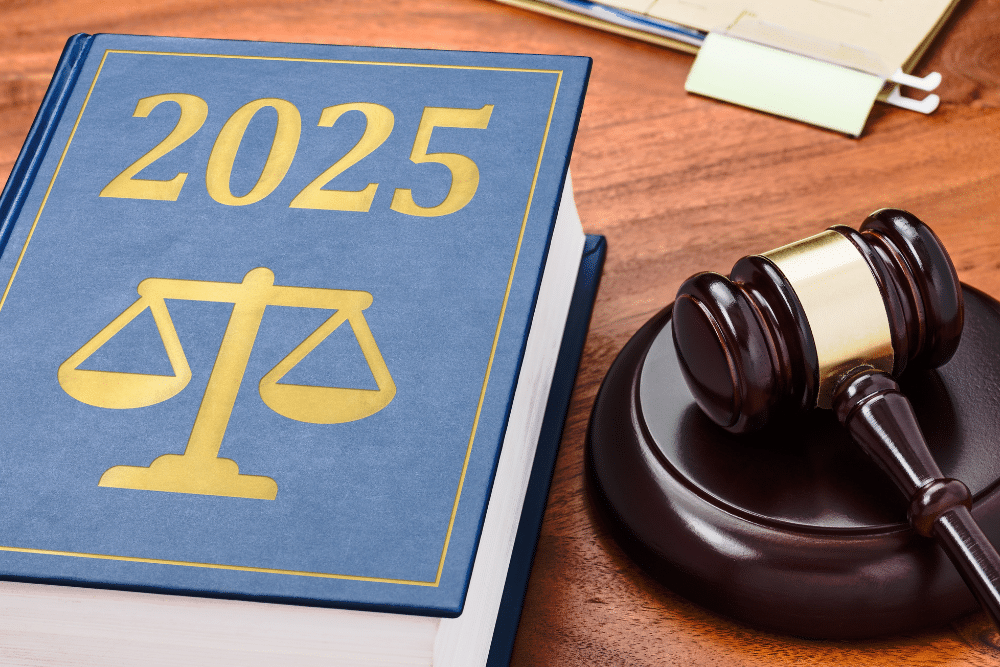 legal updates, law firm in West Monroe, LA at Niswanger Law. 2025 law book and gavel on a wooden desk, symbolizing legal updates and regulations for the upcoming year.